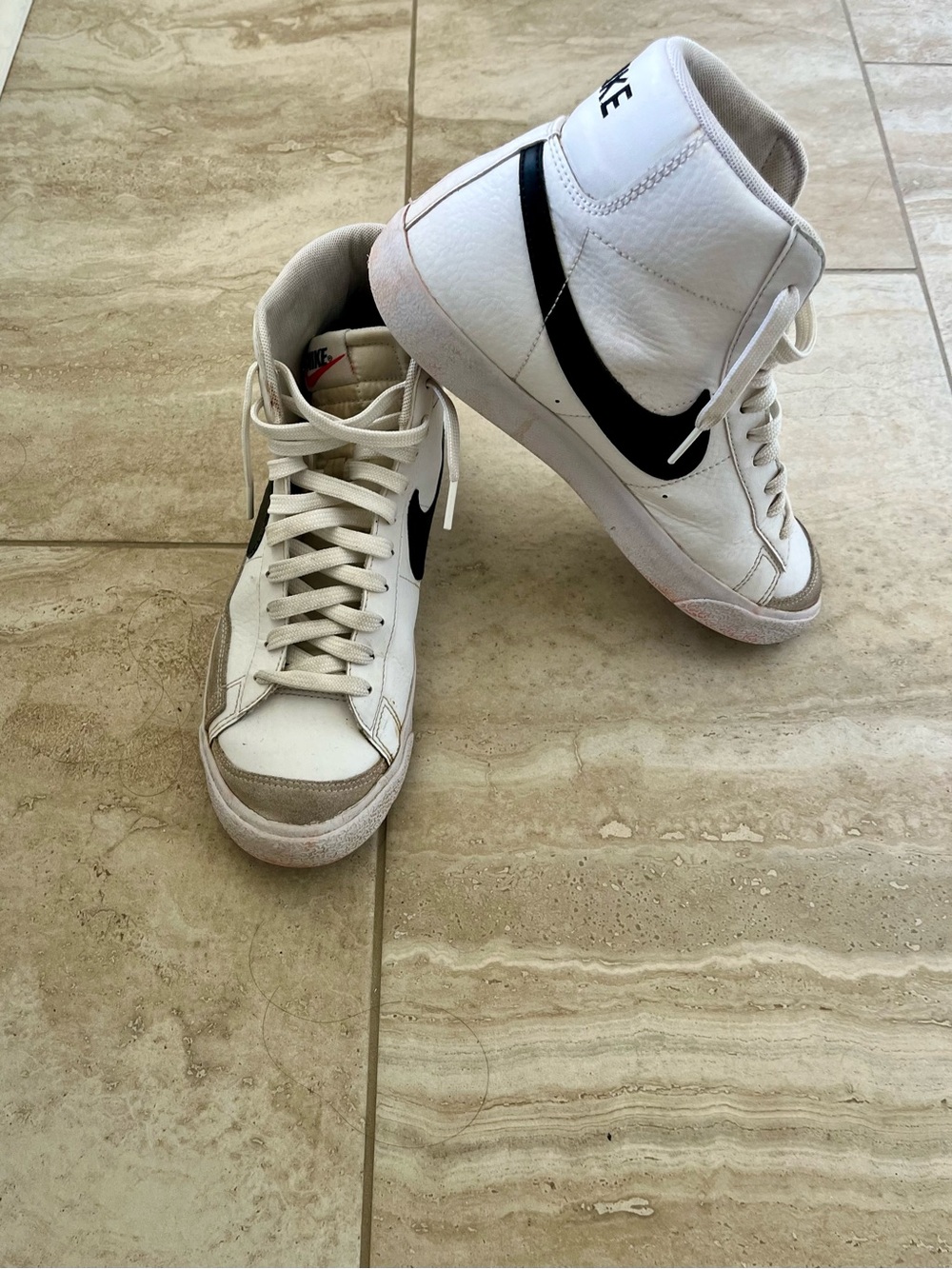 Nike White High-Top Sneakers with Black Swoosh and Beige Accents